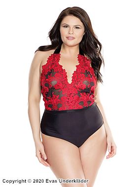 Romantisk teddy, broderi, V-utringning, rynker, plus size